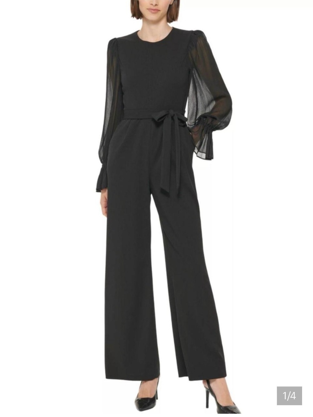 Calvin Klein Black Sheer-Sleeve Belted Wide-Leg Jumpsuit